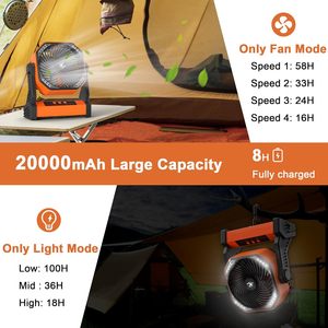 Ventilateur de camping rechargeable 20000 mAh avec télécommande, <span class=keywords><strong>4</strong></span> vitesses, lumière LED, crochet de suspension, alimentation USB, 60 heures d'autonomie, pour voiture et extérieur - Product Image 2