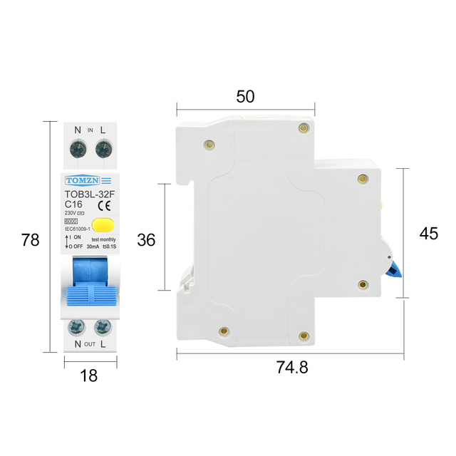 TOMZN RCBO 1P+N 6KA Residual Differential Automatic Circuit Breaker Over Current Leakage protection 18MM 230V 50/60Hz H53