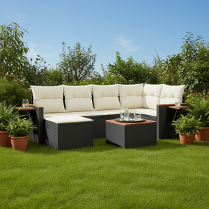 Cream White Garden <b>Sofa</b> Set With Side Tables 6 Seater Outdoor Furniture <b>Rattan</b> Wicker Contemporary Design - Product Image 2