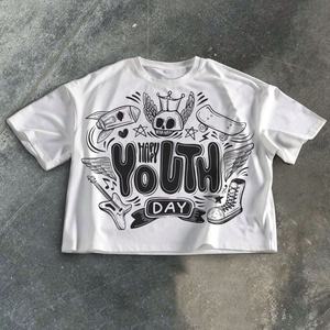 เสื้อยืดผ้าฝ้าย100% โอเวอร์ไซซ์สีขาวกระเป๋าสะพายไหล่ดีไซน์ทรงครอปพิมพ์ลายกราฟิกดิจิตอล - Product Image 1