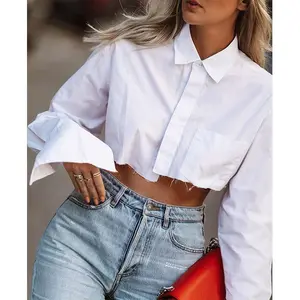 RedPeony Streetwear seksi üst bahar kadınlar 2024 bluzlar zarif parlama kol siyah gömlek bluzlar moda beyaz kırpma üstleri