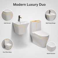 WC monobloc moderne de luxe avec bordure dorée, chasse double, siphonique, en céramique, pour lavabo