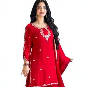 Conjunto de Kurti Rojo con Estampado en Relieve de Piel Sintética de Secado Rápido con Palazzo y Dupatta para Mujer, Ropa Tradicional India y Pakistaní para Bodas, Corte Regular - Product Image 3