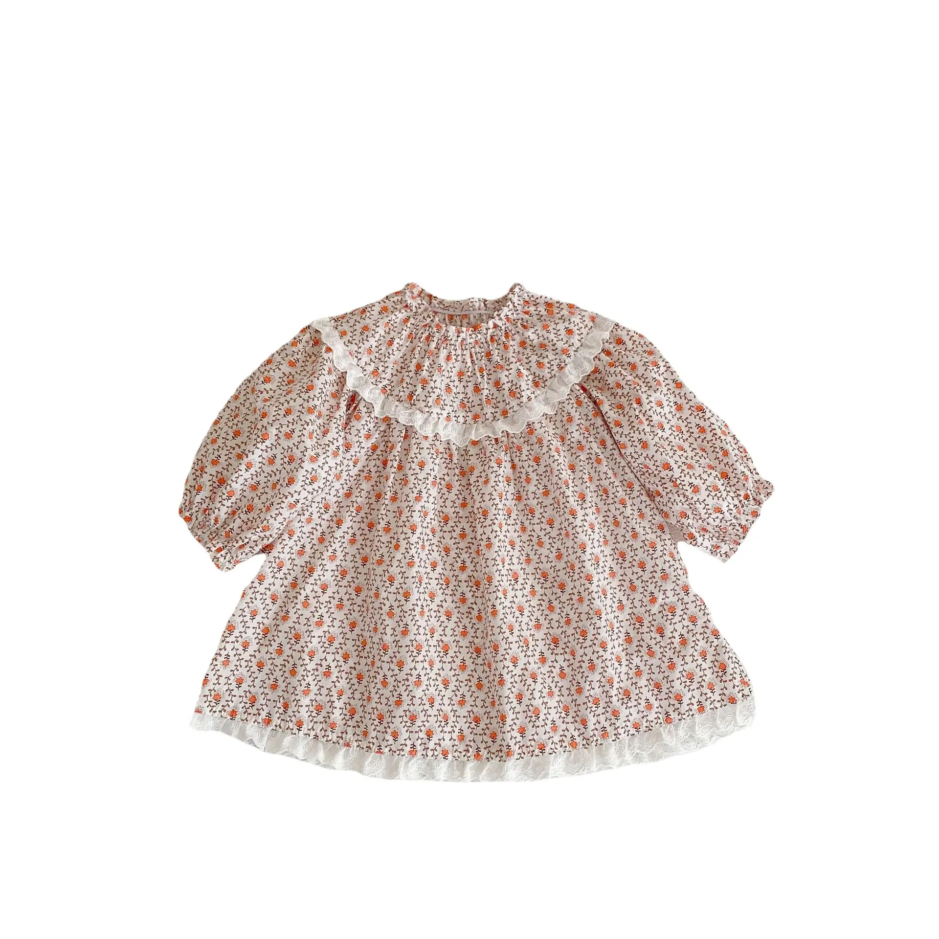Sonbahar bebek bebek kız kardeş elbise baskılı uzun kollu etek ve mantar yaka dantel Romper