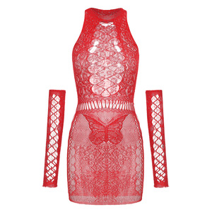 Robe moulante en résille ornée de strass pour femme, col halter papillon ajouré avec gants - Product Image 5