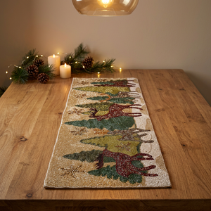 Embroidered Reindeer <b>Table</b> <b>Runner</b> Rustic Animal Pattern Washable Home Decor - Product Image 1