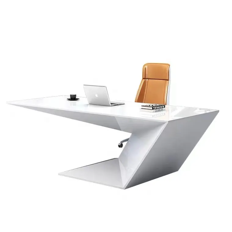光沢のある白いオフィスデスクz字型モダンで豪華なボステーブル