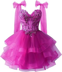 S0743Y 2026 Nuevo <span class=keywords><strong>Vestido</strong></span> Corto de <span class=keywords><strong>Fiesta</strong></span> para Adolescentes con Apliques de Encaje Brillante y Tirantes de Lazo, Vestidos de Noche/Party - Product Image 5