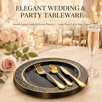Assiettes de fête jetables en plastique noir PS en stock, bord doré martelé - 10,25 et 7,5 pouces, assiettes à dessert et à apéritif pour fêtes, mariages