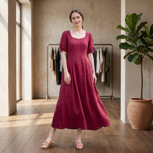 <b>Midi</b> Vintage Breathable 100% Cotton <b>Dress</b> V-neck High Waist Bell Sleeve A-Line Daily <b>with</b> Bow <b>Pockets</b> Elegant - Product Image 3
