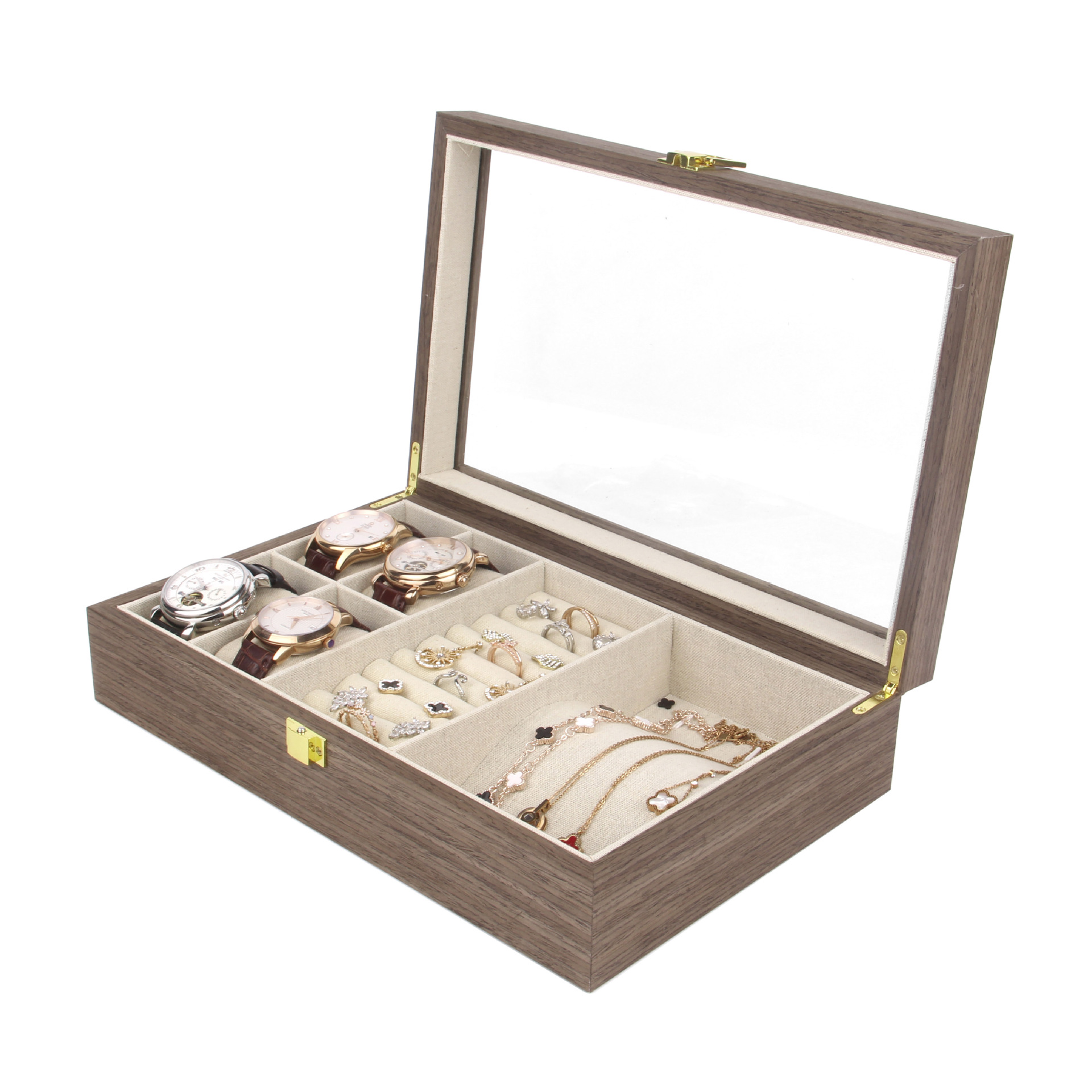 Boîte à bijoux et montres 4+2 en noyer noir avec intérieur en lin.
