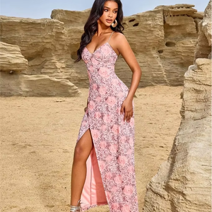 D & M estate donna <span class=keywords><strong>rosa</strong></span> con motivo floreale stampa con scollo a V <span class=keywords><strong>abito</strong></span> Midi moda Sexy <span class=keywords><strong>abito</strong></span> da festa lungo spacco a vita alta per donna - Product Image 3