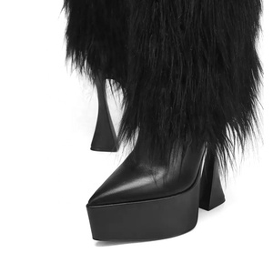 Botines de Tacón Alto con Peluche Negro, Moda 2023, Botas de Media Pierna para Mujer, Punta Puntiaguda, Plataforma Gruesa - Product Image 5