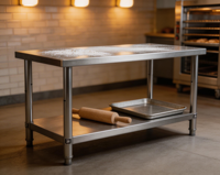 Plan de travail de restauration en acier inoxydable personnalisable avec revêtement autonettoyant, pieds réglables, haute capacité de charge pour cuisine d'hôtel