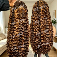 Perruque de cheveux humains indiens vierges bruts, bouclés profonds, ombrés avec mèches, densité 200, 30-40 pouces, avec frontale en dentelle HD 13x4 pré-coupée