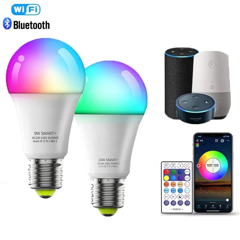 E26 E27 Bohlam Lampu LED WIFI Cerdas, Bohlam Lampu LED WIFI 9W 10W RGB + CCT Dapat Diredupkan untuk Alexa, Google, Kontrol Suara Rumah