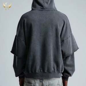 Vente en gros de sweat à capuche vintage 100% coton délavé à l'acide manches double couche 460 g/m² de couture brute sans cordon de serrage pour l'hiver - Product Image 6