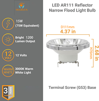 Projecteur LED 15W sans variateur d'intensité, 3000k-6500k, AR111 G53 12V 1200lm, douille AR111 Led G53, corps en aluminium et plastique