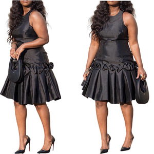 เดรสรัดรูปเข้ารูปของผู้หญิงแฟชั่นมีชายเสื้อและแขนกุดมีจีบ - Product Image 1