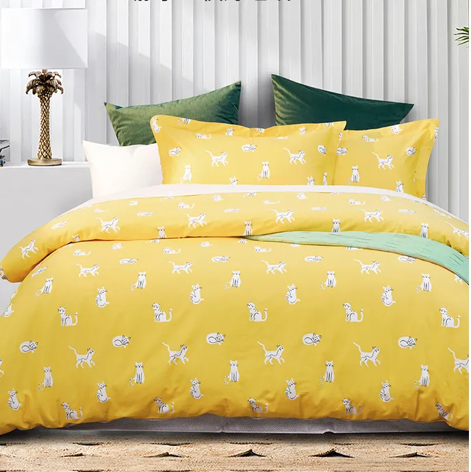 Modern Design Brand Luxury Yellow Cats Printed Wash Cotton 100 Quilt Cover 4pcs Bedding Set