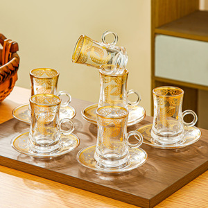 Gold Plated Glass <b>Tea</b> <b>Cup</b> <b>Set</b> With Saucers Cylinder Shape For Afternoon <b>Tea</b> Quanzhou Origin - Product Image 2