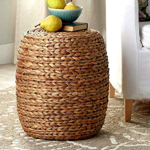 Handwoven Eco-Friendly Water Hyacinth Pouf Ottoman <b>Stool</b> with Linen Upholstery-Home Furniture for Living Room & <b>Bedroom</b> Decor - Product Image 1