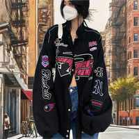 Veste universitaire vintage brodée pour femme, coupe courte décontractée, à bouton unique, manches longues, respirante, pour l'hiver/l'automne/le printemps