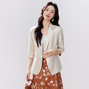 Women's Lightweight Blazer Champagne Color Three Quarter Sleeve Solid Pattern Casual Wear - Product Image 3