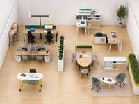 Ensemble de mobilier de bureau ATWOKA : bancs personnalisés, panneaux d'intimité et piedestals mobiles pour projets commerciaux