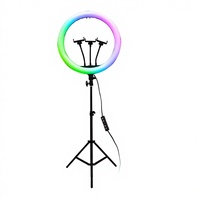 Lampe annulaire de diffusion en direct TikTok 10W avec charge USB, RGB, intensité réglable, couleurs ajustables, télécommande et support pliable