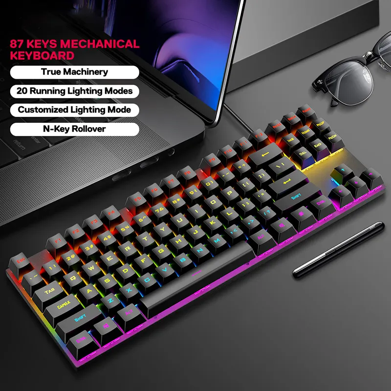 नया लोकप्रिय T18 मैकेनिकल कीबोर्ड 87 कुंजी आरजीबी चमक प्रतिस्पर्धी यूएसबी वायर्ड गेमिंग कीबोर्ड