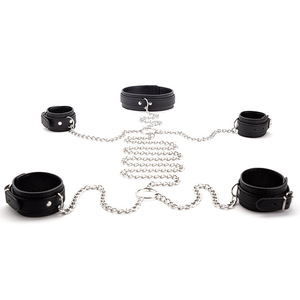 Menottes en cuir noir avec chaînes métalliques pour les mains, les pieds et le cou, usage SM érotique, jouets pour adultes - Product Image 5