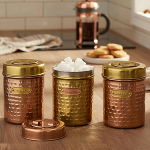 Ensemble de boîtes de conservation alimentaire en cuivre martelé, hermétiques, design classique rond, pour la cuisine, capacité de 1 à 3 L - Product Image 2