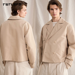 Manteau trench court croisé pour homme, col à revers, coupe décontractée, minimaliste, beige, printemps-automne - Product Image 4