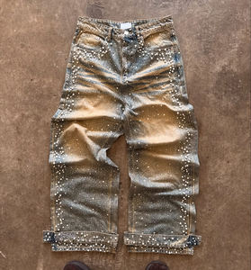 Maßgefertigte Herren Hip-Hop-Style Vintage-Waschung Komplett mit Strasssteinen Besetzte Jeans für Männer - Product Image 2