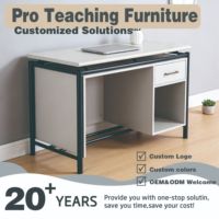 Bureau d'enseignant avec compartiment de rangement ouvert, table d'étude blanche à hauteur fixe avec structure métallique, mobilier scolaire robuste