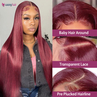 Perruque en cheveux humains Remy indiens 99J, couleur bordeaux, 30 pouces, 13x6 HD transparente, lisse, sans colle, sans perte de cheveux, douce