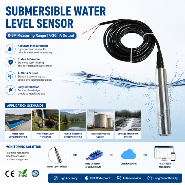0-5M Measuring Range 4-20mA Submersible Water Pressure Tank Level Sensor Piezometer Water Level Data Logger