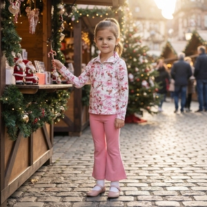 GLP3508 rts Ensemble de vêtements pour petite fille avec nœuds roses et imprimé Père Noël, vêtements pour enfants en gros, ensemble de vêtements pour fille à manches longues - Product Image 1
