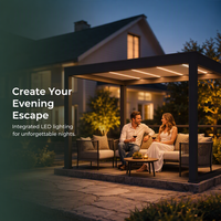 Pergola extérieure en aluminium à lames orientables, commande intelligente par application, éclairage RGB, capteur de pluie automatique, design éco-responsable inspiré de la nature