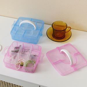 Caja organizadora de joyas portátil, 18 compartimentos, apilable, con tapa, para almacenamiento en escritorio, colores rosa y azul - Product Image 1