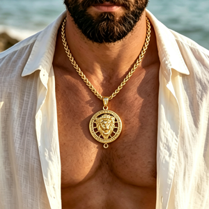 Pendentif Collier Homme Tête de Lion Creuse Ronde Personnalisable en Acier Inoxydable 316L Plaqué Or 18K avec Cordon Tressé Épais - Product Image 2