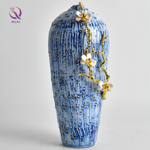 MKMJ Vases de luxe en céramique bleue Boîte de rangement en céramique avec décor cloisonné Plateau en métal pour salon salle à manger Décoration intérieure - Product Image 3