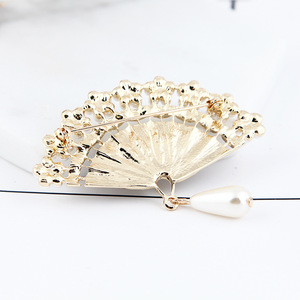 简约定制批发新款时尚珐琅锌合金精致水钻中式折叠扇形胸针 - Product Image 5