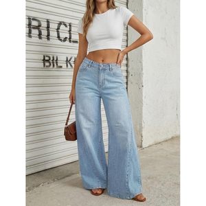 Jean évasé taille haute pour femme, coupe ample, en denim stretch, délavage clair, mélange coton et élasthanne - Product Image 6