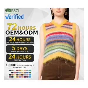 Áo len nữ tùy chỉnh sang trọng Thiết kế áo len không tay tương phản sọc dệt kim vest chải Mohair vest