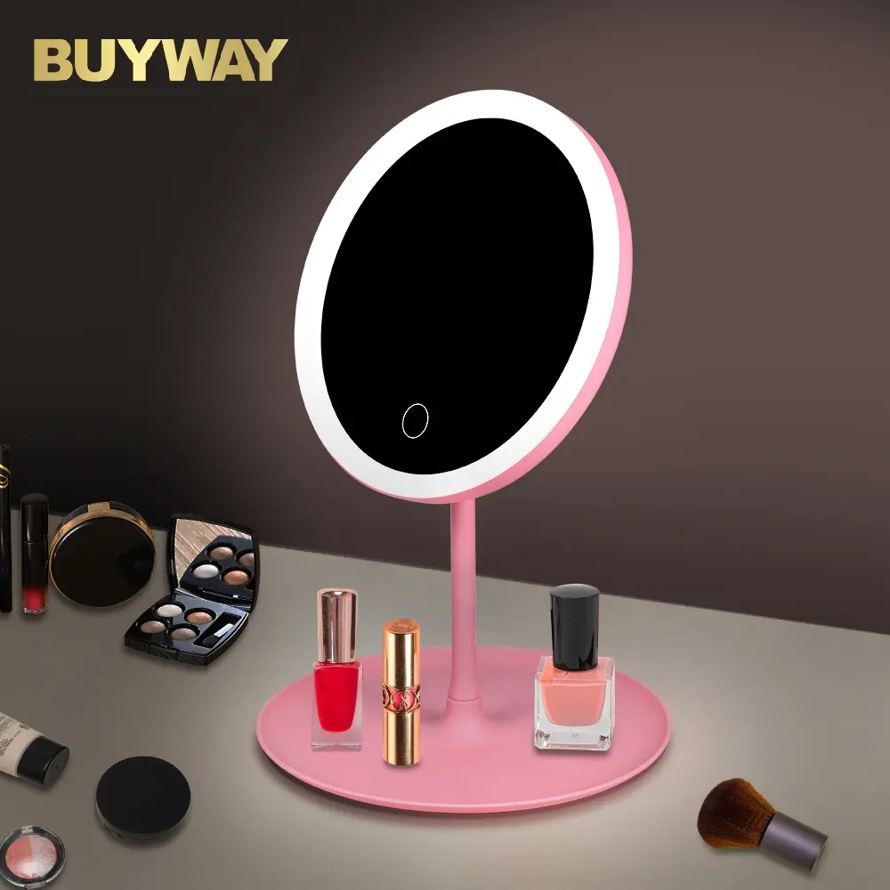 Espelho de maquiagem cosmético inteligente redondo de plástico dobrável para mesa e viagem com iluminação LED multifuncional
