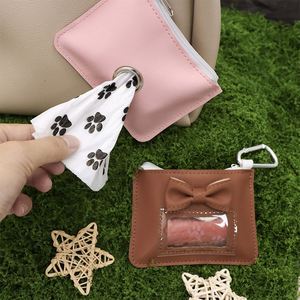Porte-sac à déjections canines personnalisé en cuir PU gaufré avec mousqueton, distributeur de sacs à déjections, pochette à déjections pour animaux de compagnie avec fermeture éclair et nœud mignon, attache-lesse - Product Image 1
