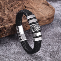 Bracelet en cuir véritable noir avec 5 perles tubulaires en acier inoxydable, fermoir magnétique personnalisé, bijoux pour homme, cadeau pour petit ami, fils