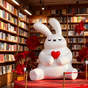 CS231 Fiberglass Unique Cartoon Rabbit Statue Resin Craft for Cultural Space <b>Ornament</b> Big Size Animal Sculpture with Red Heart - Product Image 1